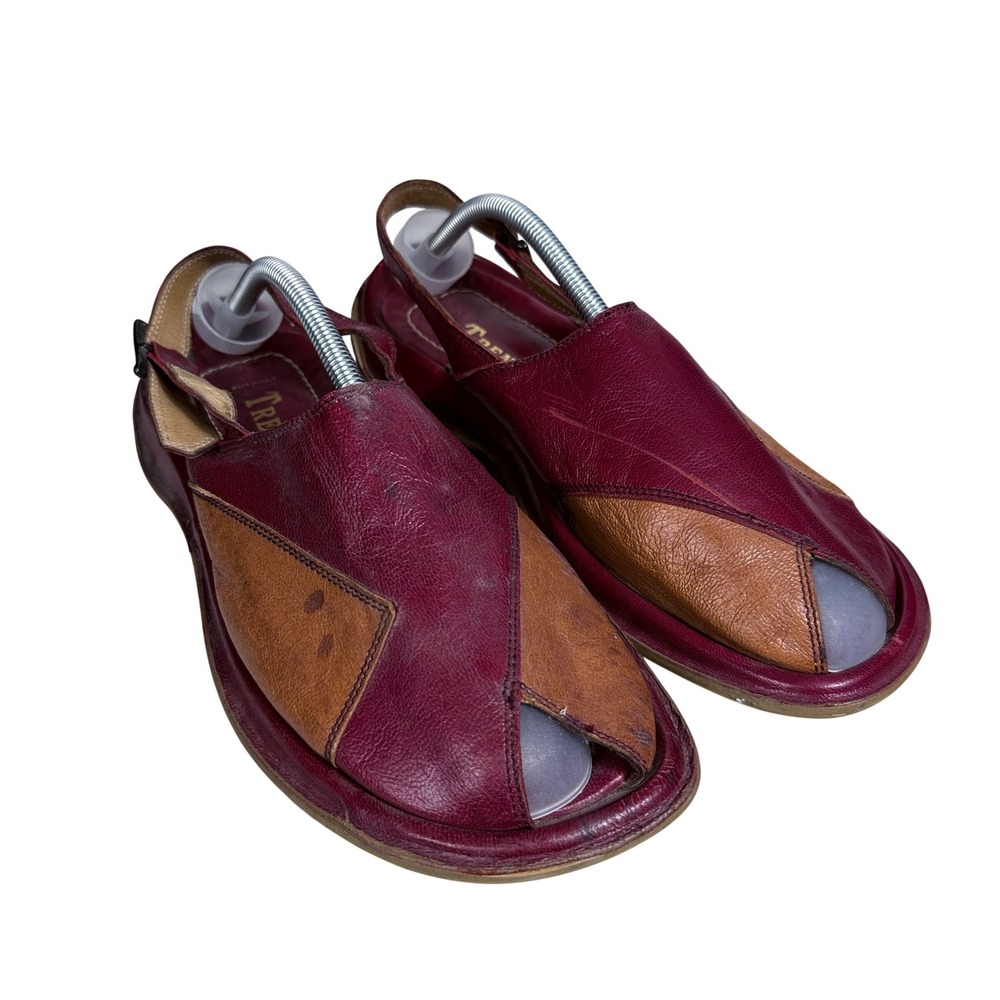 Trench Sandals Womens 39 Burgundy Tan Leather Patchwork Slingback Made in Italy